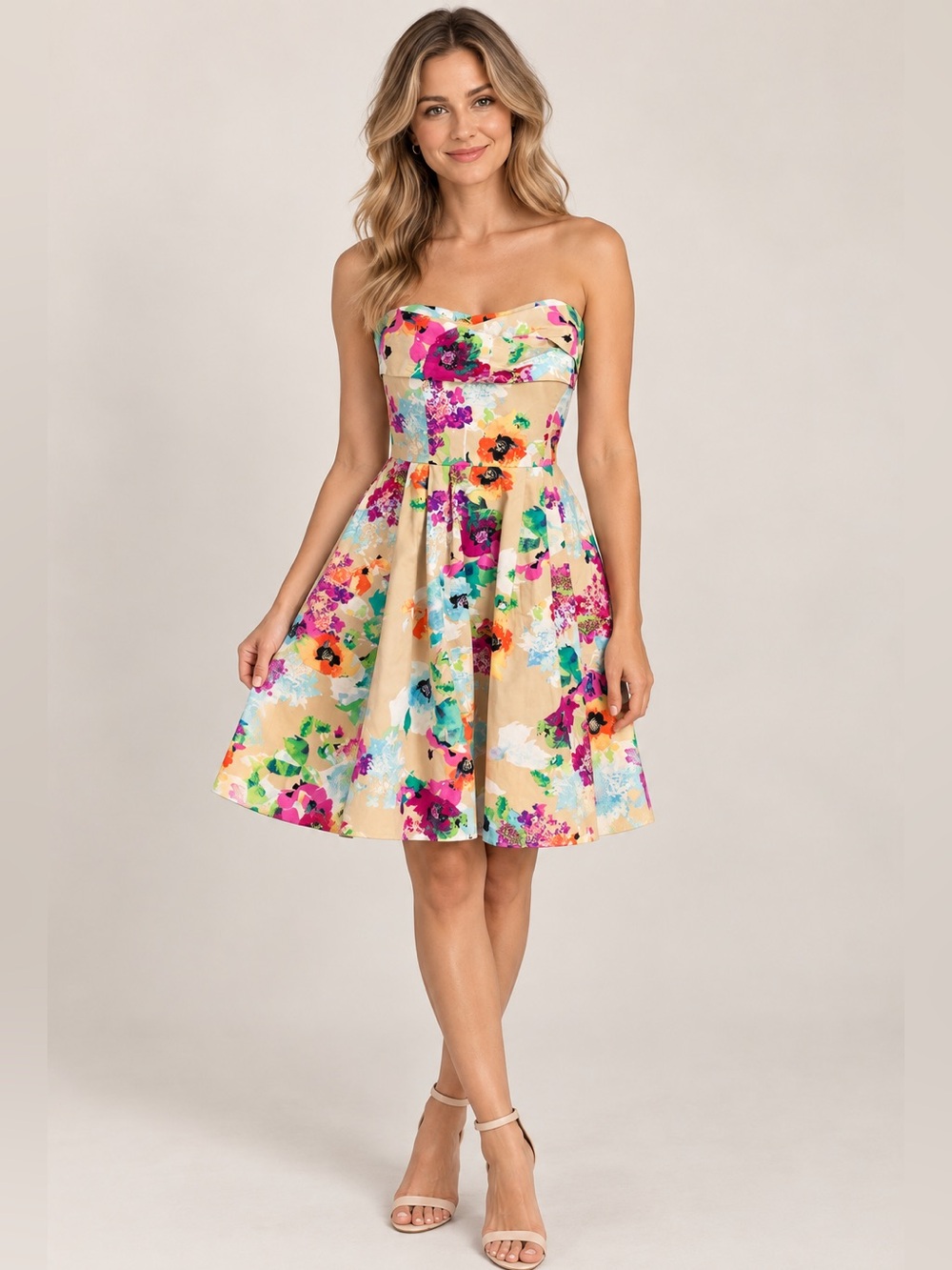 eShakti Strapless Floral Fit & Flare Dress Size Small